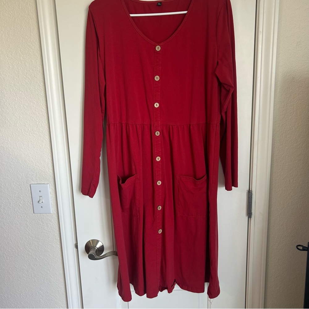 Women’s Button Down Long Sleeve Skater Dress With Pockets - Size XXL